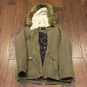 Large LOVE TREE Military Green Hooded Fur Coat